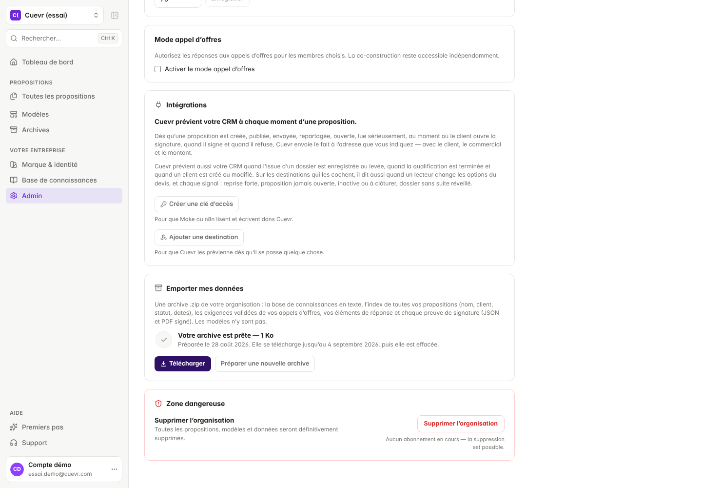 Export my data card: archive contents, archive ready and Download button.