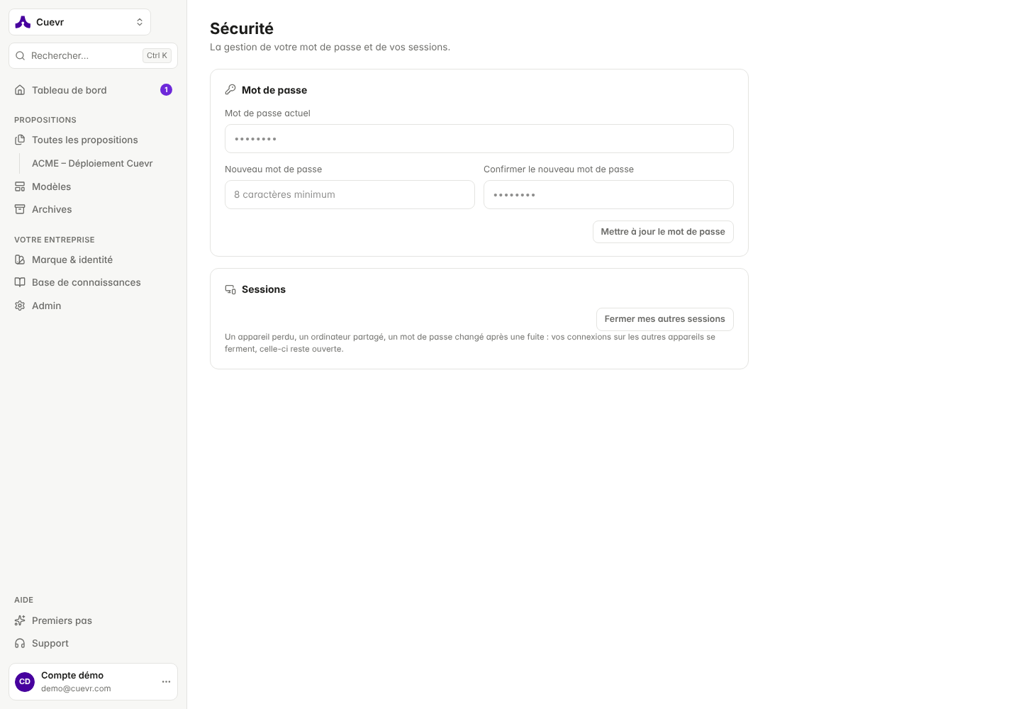 Security: changing the password and signing out other sessions.