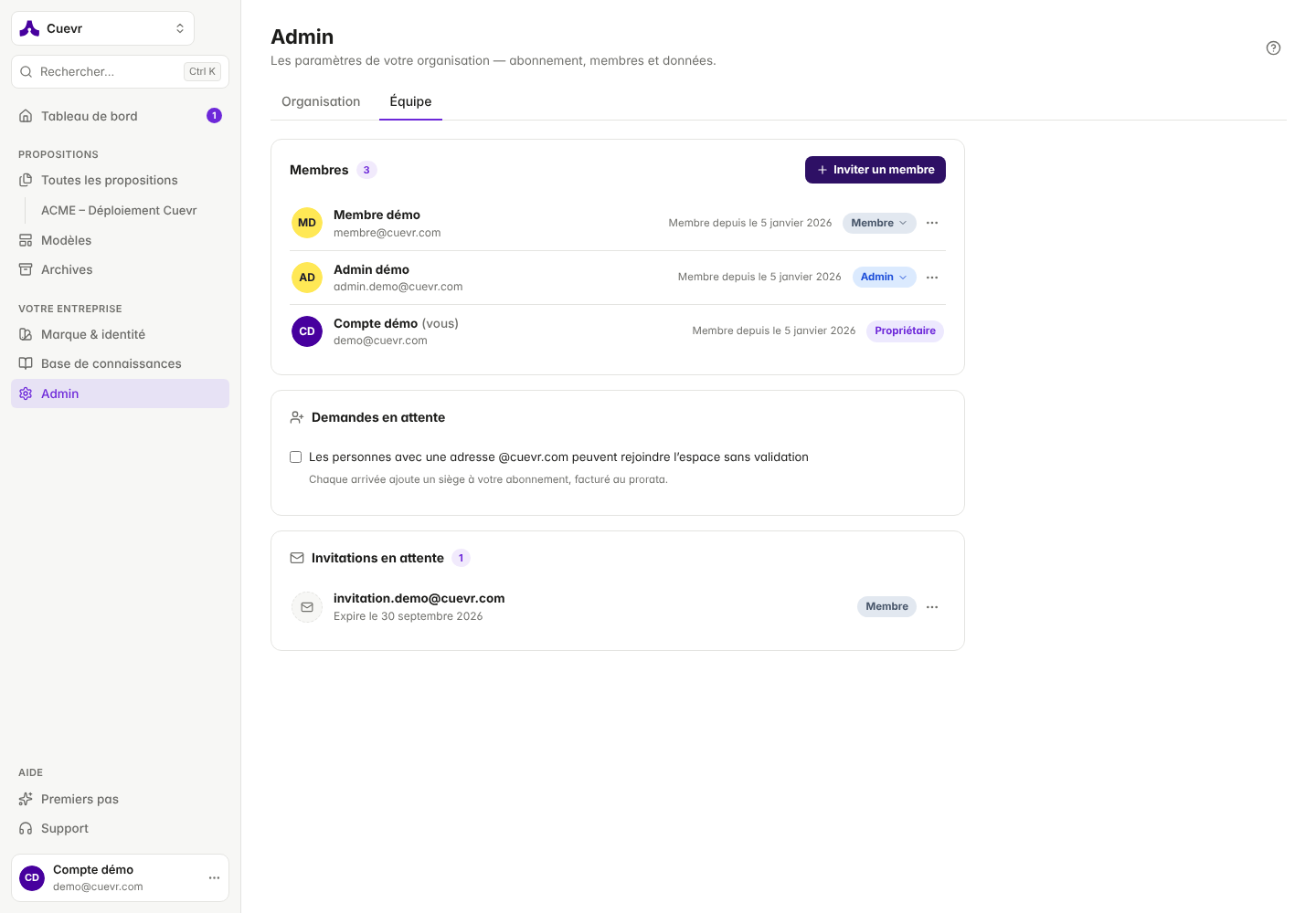 Admin, Team tab: members, roles and pending invitations.