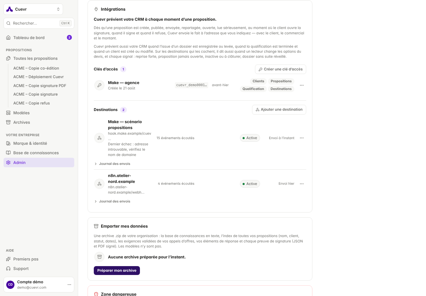 Intégrations : clés d’accès et destinations webhook gérées dans l’organisation.