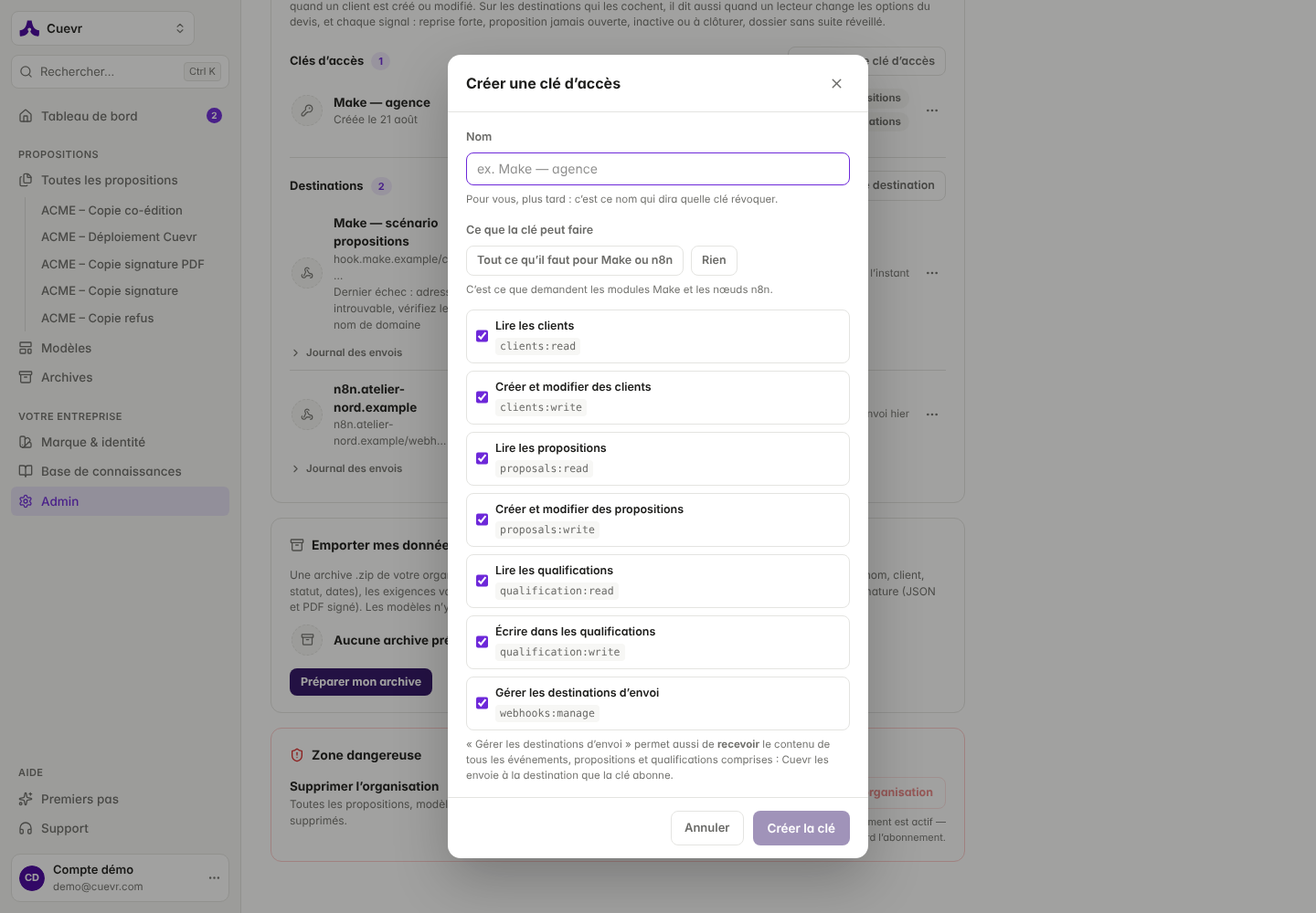 Création d’une clé d’accès : nom et portées.