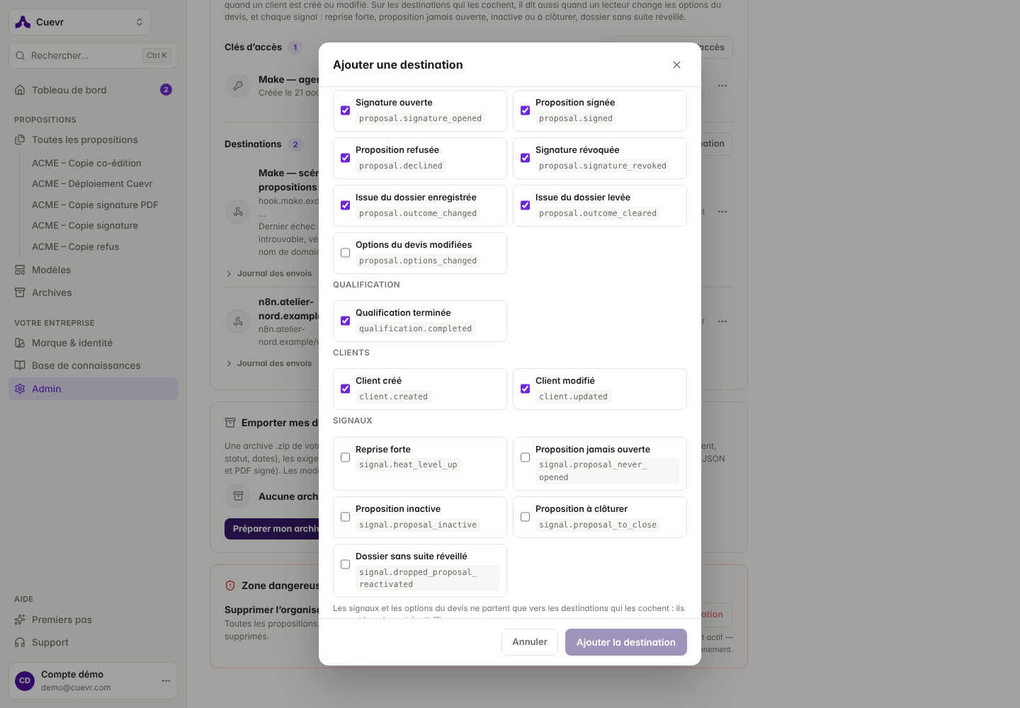 Catalogue des événements proposés par le formulaire de destination, en quatre groupes.