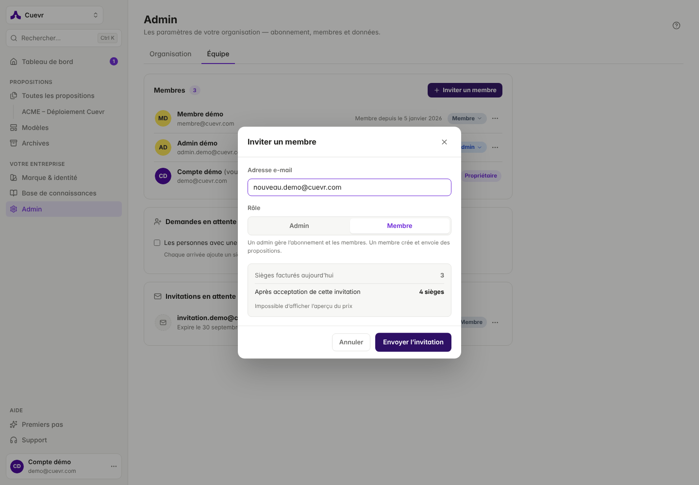 Invite Member window: address, role and seat preview.