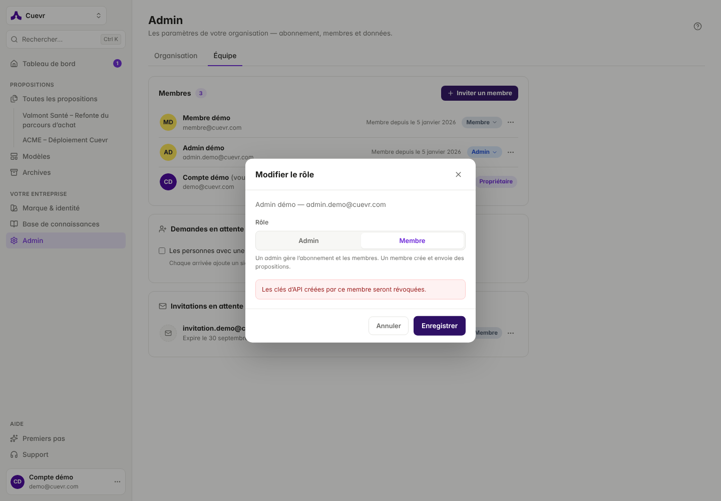 Edit Role window: choice between Admin and Member.