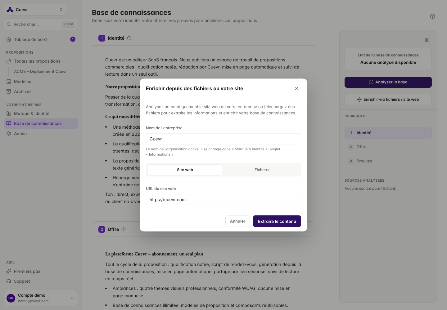 Enriquecer la base desde un sitio: nombre de la empresa, pestañas Sitio web y Archivos, URL del sitio.