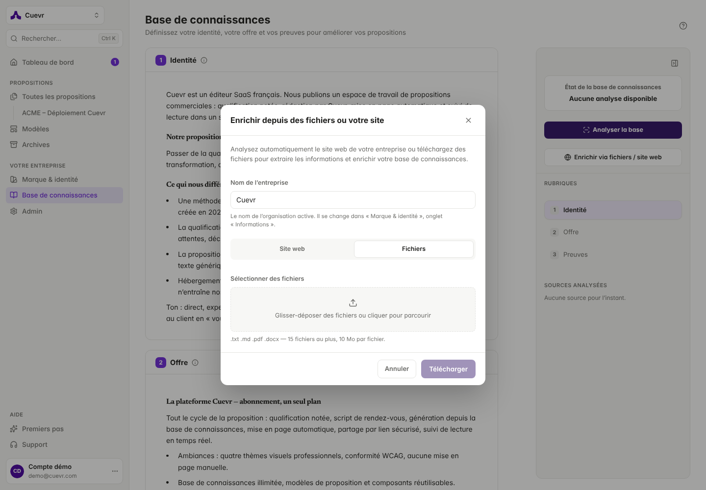 Pestaña Archivos: depósito de documentos; los formatos admitidos y los límites aparecen bajo la zona de depósito.