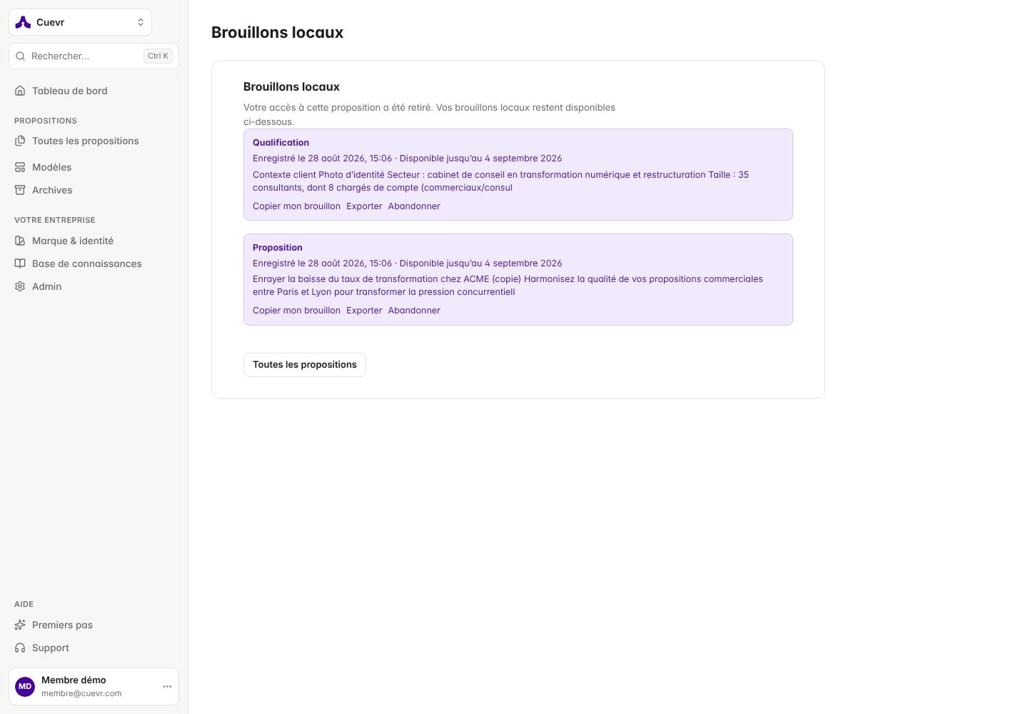 Access removed while editing: the notice and the local drafts still available.