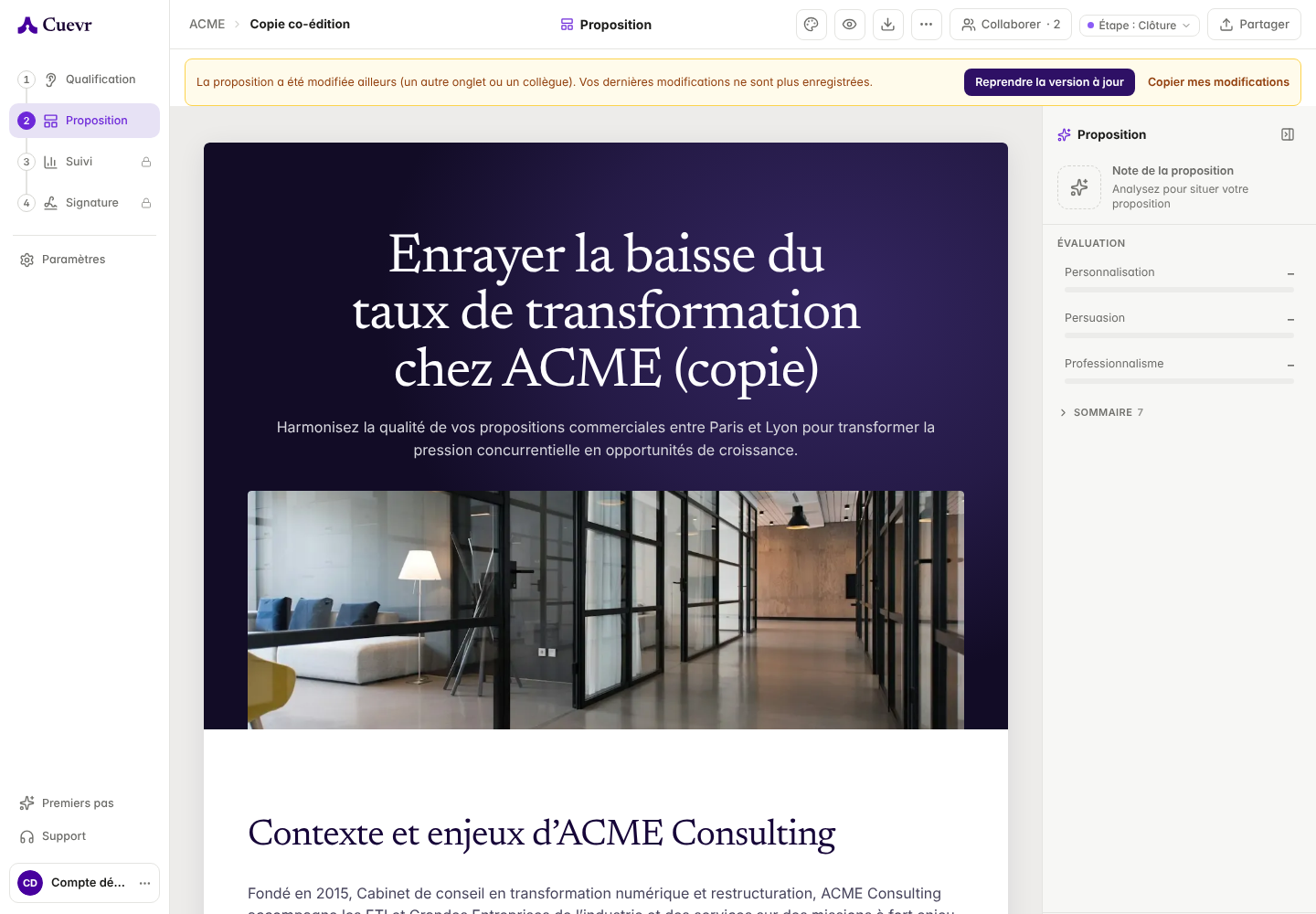 Version conflict banner: Resume the up-to-date version and Copy my changes.