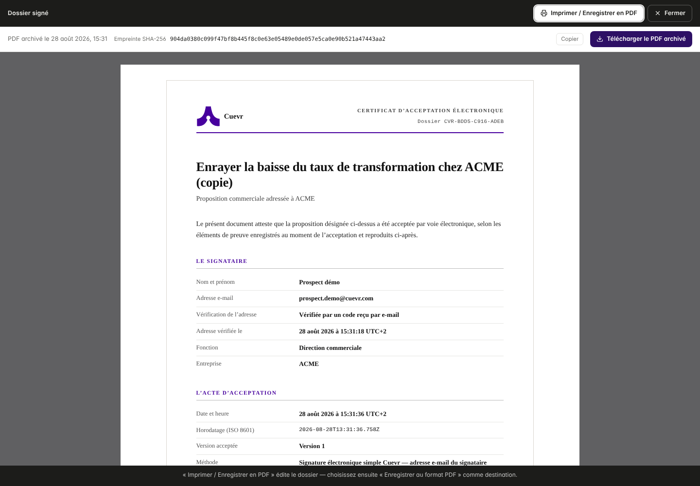 Signed file opened from the personal link: archived PDF, fingerprint and download.