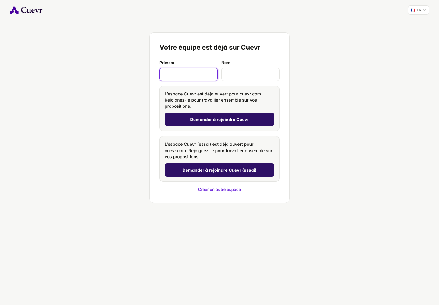 Sign-up: Cuevr suggests the company workspace and the Ask to join button.