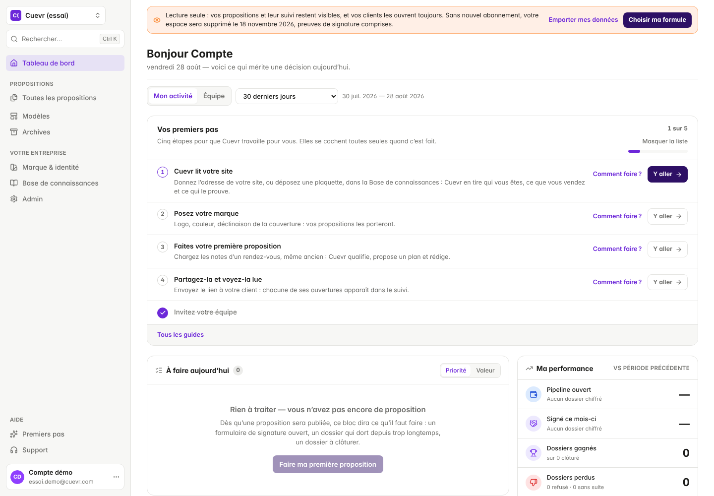 Read-only banner after a subscription ends: deletion date, Export my data and Choose my plan.