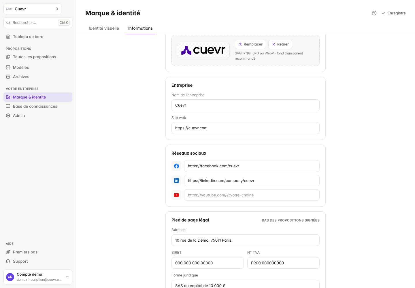 Information tab: logo, company, social media and legal footer.