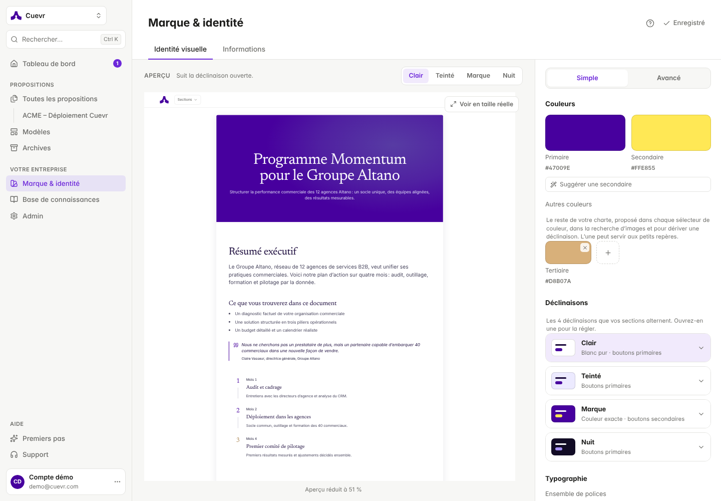 Brand & identity studio, Simple mode: Primary and Secondary colors, variants and preview.