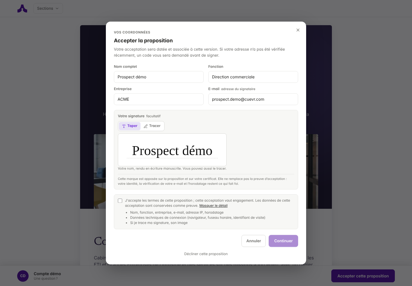 Prospect acceptance form: contact details, optional signature and consent, before any code check.