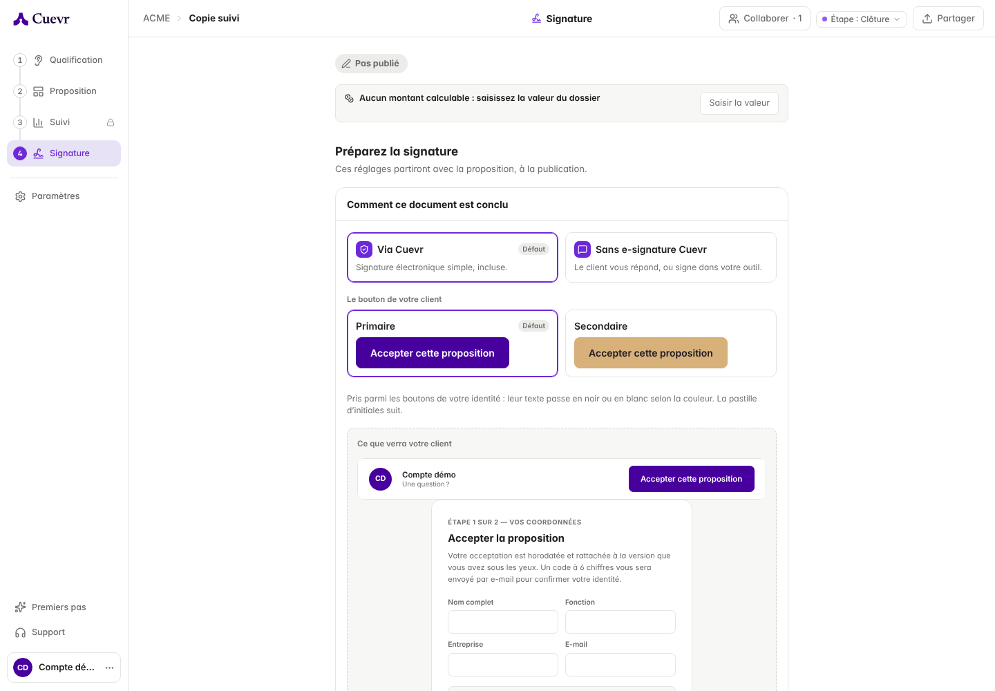Before publishing: Through Cuevr or No Cuevr e-signature, button choice and preview of the prospect form.